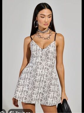 AKIRA White & Gray Snake-Print PU Slip Mini Dress